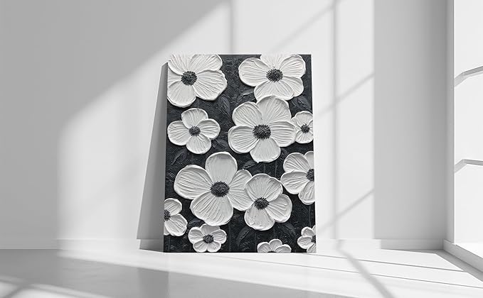 moshinart 30 x 45in Hand-Painted Oil Painting 3D Texture Black White Grey Modern Minimalist Black Abstract Wall Art, Home Office Wall Decoration Petal