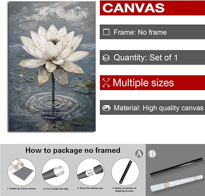 Stunning white lotus emerges from prismatic water with delicate petals background Serene aquatic wall art suitable for modern minimalist decor 24x36in Frameless