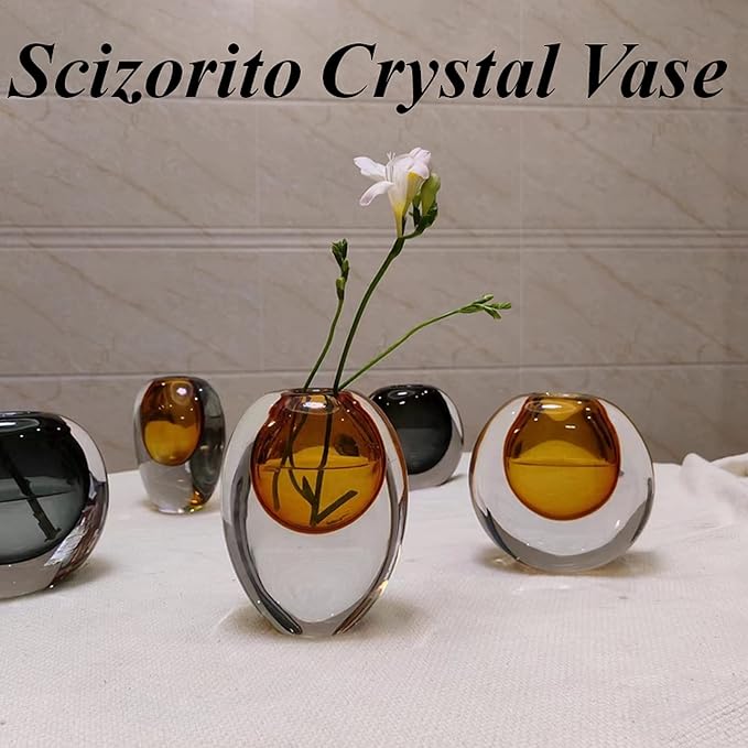 Crystal Vase, Modern Decorative Vase, Minimalist Floral Vase, Light Luxury Style for Home Decor, Centerpiece, Office, Pampas Grass, Dried Flowers, Flowers and Buds (Big Amber)