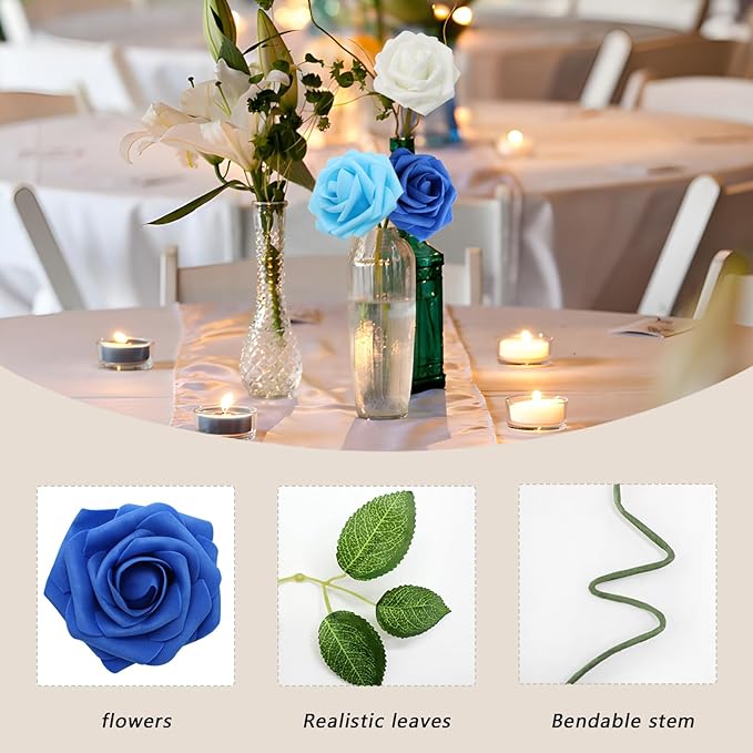 Artificial Flowers 50Pcs Blue and White Roses Real Looking Foam Fake Roses with Leaves for DIY Wedding Bouquets Bridal Shower Party Decorations (Blue Series, 50)