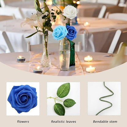 Artificial Flowers 50Pcs Blue and White Roses Real Looking Foam Fake Roses with Leaves for DIY Wedding Bouquets Bridal Shower Party Decorations (Blue Series, 50)