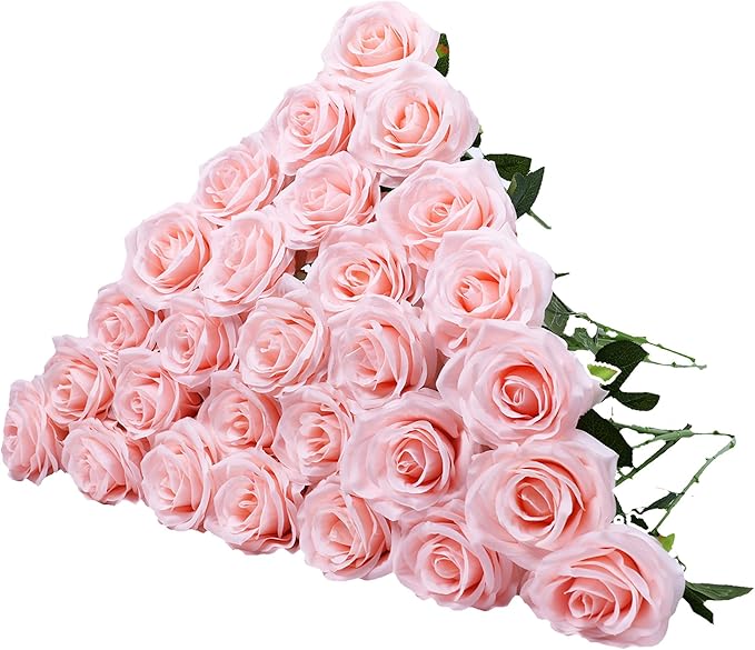 Artificial Rose 30 Pcs Flower Blush Flowers Pink Roses Silk Flowers with Long Stem Silk Roses Bouquet for Wedding Bridal Shower Party Home Decoration