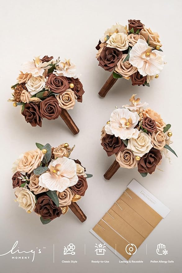 Ling's moment Bridesmaid Bouquet Set of 4, Brown & Beige Wedding Bouquets for Bridesmaids, 7 Inch Nut Brown Bridal Bouquets for Bridesmaids, Wedding, Ceremony, Anniversary, etc.