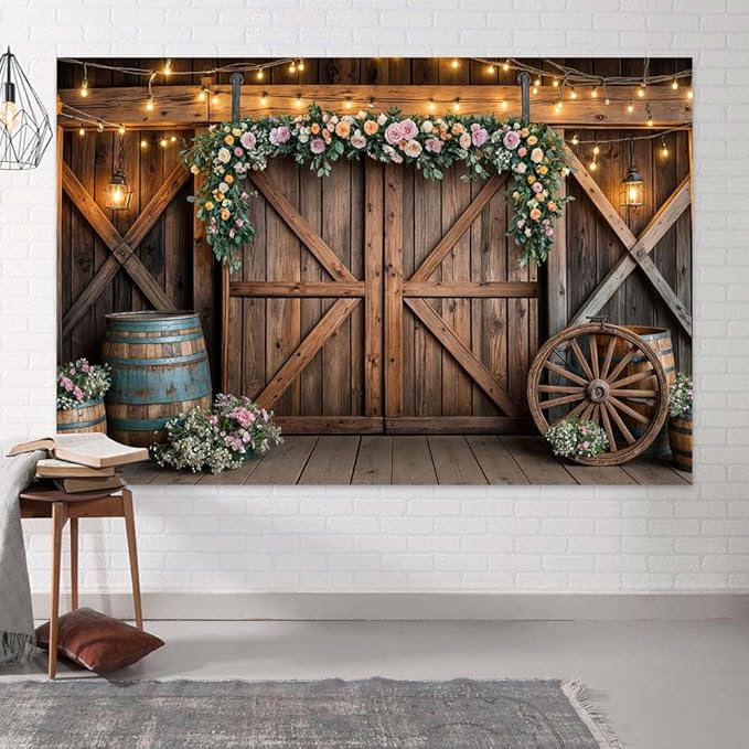 9x6ft Country Wedding Photography Backdrop Rustic Barn Door Photography Backdrop Farmhouse Pink Flower Cabin Wooden Birthday Baby Shower Wedding Bridal Party Banner Photo Booth Props Background