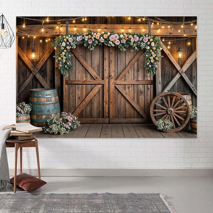 7x5ft Country Wedding Photography Backdrop Rustic Barn Door Photography Backdrop Farmhouse Pink Flower Cabin Wooden Birthday Baby Shower Wedding Bridal Party Banner Photo Booth Props Background