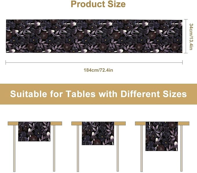 Gothic Floral Table Runner, Dark Purple Vintage Garden Flower Witchy Mushroom Farmhouse Coffee Table Center Decor for Home Kitchen Dining Patio Holiday Party Table Decorations 13x72 inches