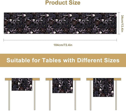 Gothic Floral Table Runner, Dark Purple Vintage Garden Flower Witchy Mushroom Farmhouse Coffee Table Center Decor for Home Kitchen Dining Patio Holiday Party Table Decorations 13x72 inches