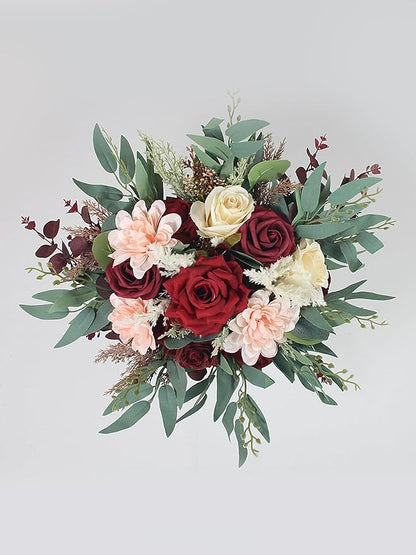 Rinlong 13.5" Wide Fall Wedding Bouquets for Bride Burgundy Bridal Bouquet for Wedding Wine Boho Dried Pampas Artificial Flowers Bouquets