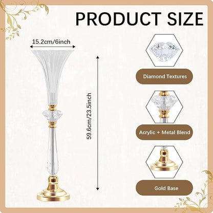 VIJIV Tall Crystal Acrylic Flower Vases for Centerpieces, 23.6" Large Clear Decorative Trumpet Vases, Wedding Flower Stand with Ribbed, Table/Floor Vase for Bridal Showers & Dining Room, Home Décor