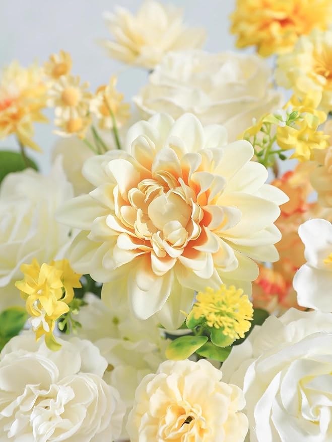 Artificial Flowers Combo Box Set White Yellow Roses Dahlia Fake Silk Flowers with Stems for DIY Wedding Bridal Bouquets,Floral Arrangement,Table Centerpieces,Baby Shower,Home Decorations