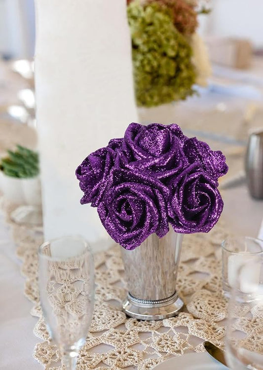 Purple Glitter Roses 30pcs Purple Foam Roses with Glitter 2.56" Fake Glitter Flowers Rose Decoration for Baby Shower Flower Centerpieces for Table