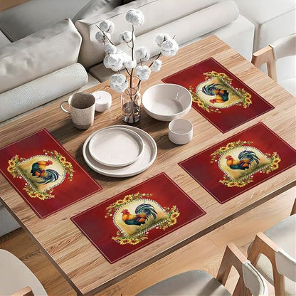 Rooster Sunflower Placemats Set of 4, Farmhouse Country Farm Chicken Animal Red Double-Sided Table Mats for Kitchen Dining Room Home Party Indoor Decor 4 PCS 12x18 Inch