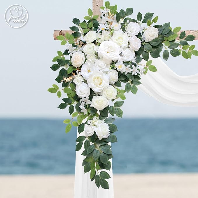 Wedding Arch Flowers Kit,Artificial Flower Arch Decor (Set of 3),2pcs Artificial Flower Arrangement with 1pc Sheer Drape for Wedding Decor Reception Backdrop Floral Decorations (Ivory White)