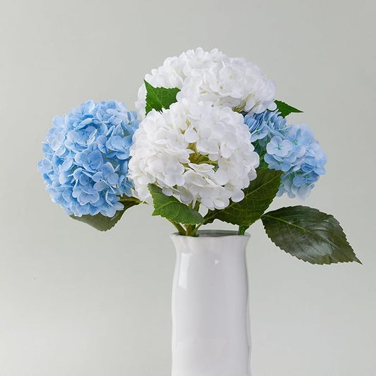 WILD WORKS Hydrangea Artificial Flower Natural Lifelike Real 21 inch Latex Long Stem 2 White+2 Light Blue Hydrangea Flower Bouquets for Christmas Decor Home Party Outdoor Wedding Decoration