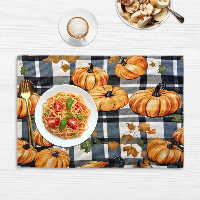 Halloween Pumpkin Placemats, Place Mats Set of 4, Heat Resistant Place Mats, Washable Table Mats for Dining Table, Non-Slip Stain Resistant Kitchen Table Placemats, Black Buffalo Plaid