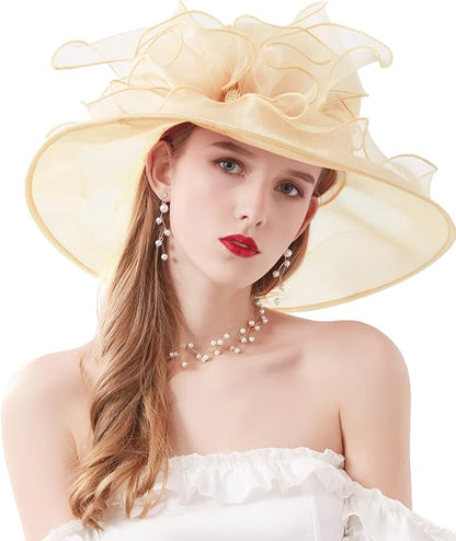 Organza Derby Hats for Women Wide Brim Fascinator Hat Rose Flower Wedding Tea Party Hat