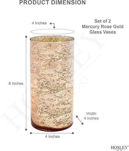 Hosley Set of 2 Mercury Rose Gold Glass Vases – Stylish Decorative Vessels for Boho Home Decor, Weddings, Events, Gifts, Table Centerpieces, and Creative DIY Craft Projects