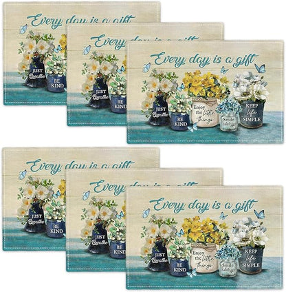 Farmhouse Spring Flower Placemats Set of 6 Every Day is A Gift Country Rustic Floral Yellow Double-Sided Table Mats for Dining Room Home Party Indoor 6 PCS 12x18 Inch