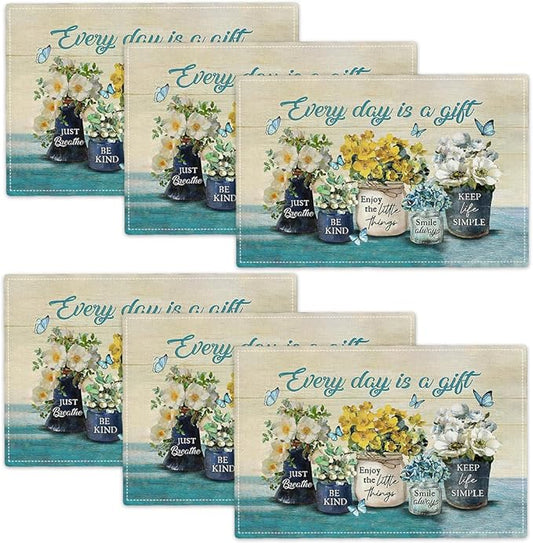 Farmhouse Spring Flower Placemats Set of 6 Every Day is A Gift Country Rustic Floral Yellow Double-Sided Table Mats for Dining Room Home Party Indoor 6 PCS 12x18 Inch