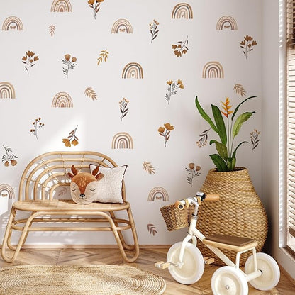 YouRfocus Boho Rainbow Floral Wall Decals for Nursery & Kids Room – Set of 48 Removable Peel and Stick Wall Stickers, Neutral Boho Home Decor (6 Sheets)
