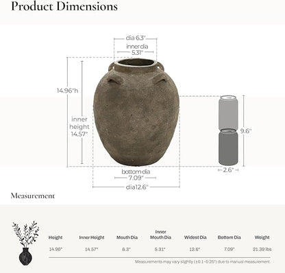 LuxenHome Rustic Ceramic Flower Vase,15 Inch Tall Brown Terracotta Cauldron Vase for Living Room Decor，Large Floor Vase Home Décor Accents,Round Vintage Pottery Vases Home Decor