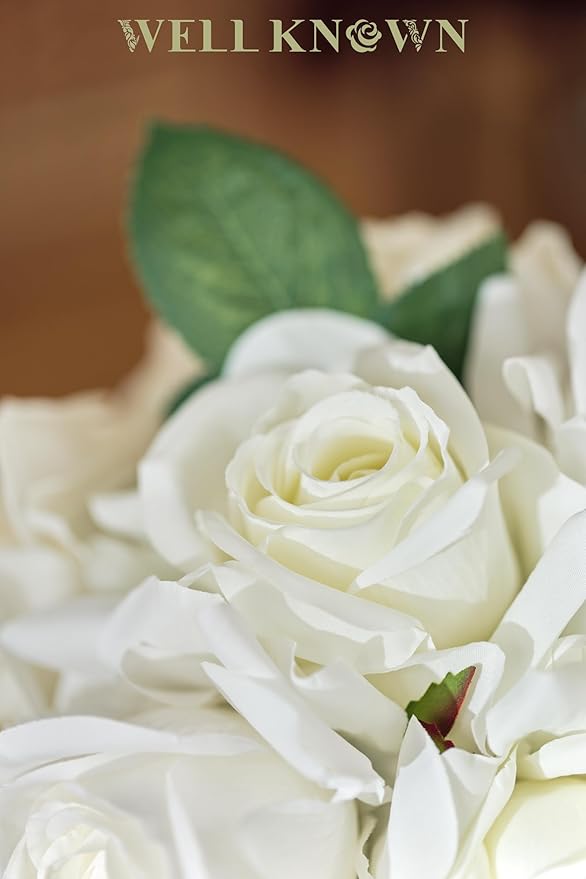 WELL KNOWN Artificial Flowers with Vase, Silk Rose Artificial Flowers Table Centerpieces with Faux Water for Home Decoration Fake Roses Flower Arrangements for Table Decor (White&Green)