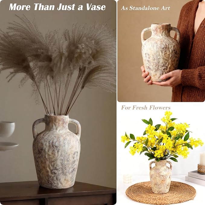 Vintage Wabi Sabi Ceramic Vase – 7.87 Inch Farmhouse Flower Vase with Handle, Rustic Decorative Pot for Entryway, Shelf, Floral Arrangement, Boho Home Decor