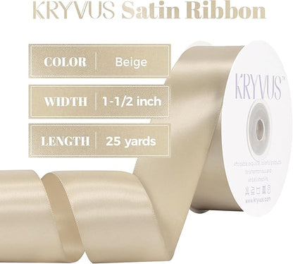 Beige Satin Ribbon, Double Faced 1-1/2 Inch X 25 Yards Beige Ribbon, Premium Satin Ribbon for Gift Wrapping, Crafts, Hair Bow Making, Sewing, Flower Bouquet, Wedding Party Decor