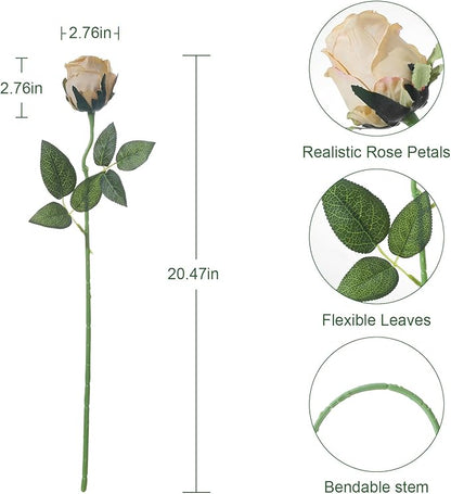 12Pcs Realistic Fake Champagne Roses Faux Flowers with Long Stems, Artificial Silk Rose Flowers for Valentines Day Home Wedding Decor Bridal Bouquet