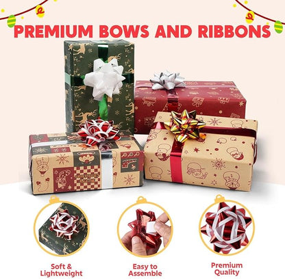 JOYIN 75PCS Christmas Bows Assortment with 2 Rolls of Curling Ribbons,5 Colors Self Adhesive Gift Bows for Gift Wrapping, Birthday Wedding Easter Xmas Presents Boxes Decoration