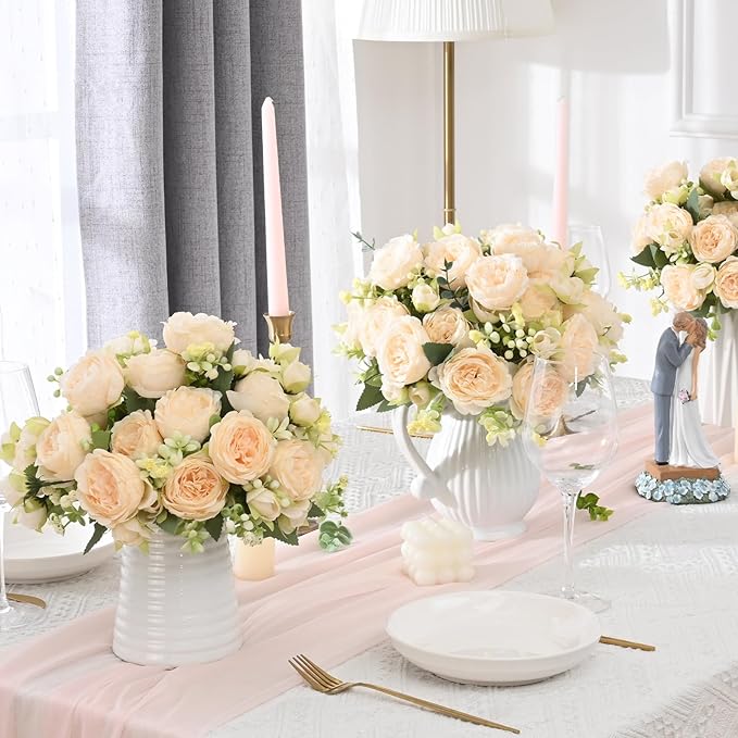 MARTINE MALL 8 Packs Peonies Artificial Flowers, Champagne Artificial Peonies, Silk Peonies Flowers Fake Peonies Artificial Flowers Peonies Bouquet for Centerpiece Table Wedding Party Home Decor