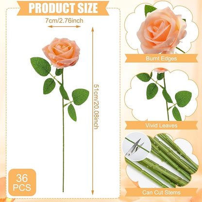 36 Pcs Peach Pink Artificial Roses with Long Stems, Fake Silk Rose Artificial Flowers Bulk for Bridal Wedding Bouquet Centerpiece Ball Arrangement Party Decor
