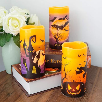 DRomance Flameless Candles Battery Operated with 6 Hour Timer, Halloween Decals Real Wax LED Flickering Pillar Candles Set of 3 Indoor Halloween Window Table Decor(3 x 6 Inches)