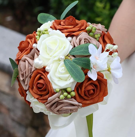 Lightweight Bridal Wedding Bouquet Round Holding Bouquet Throw Toss Artificial Rose Flower Bunch for Bride Bridesmaid Wedding Quinceanera (Cream, Coral & Rosy Brown, 7.9")
