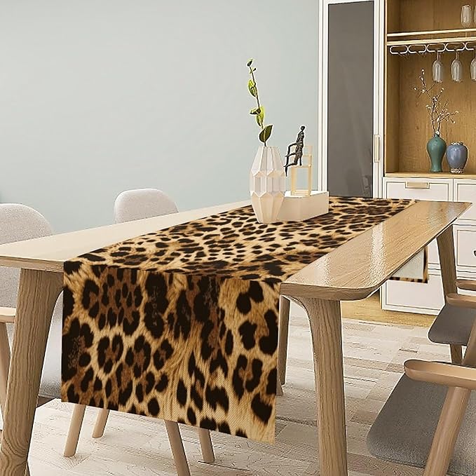 Leopard Skin Print Table Runner, Vintage Cottage Country Farmhouse Wildlife Safari Animal Skin Dinner Runner for Home Kitchen Dining Table Party Holiday Decor 13x120in