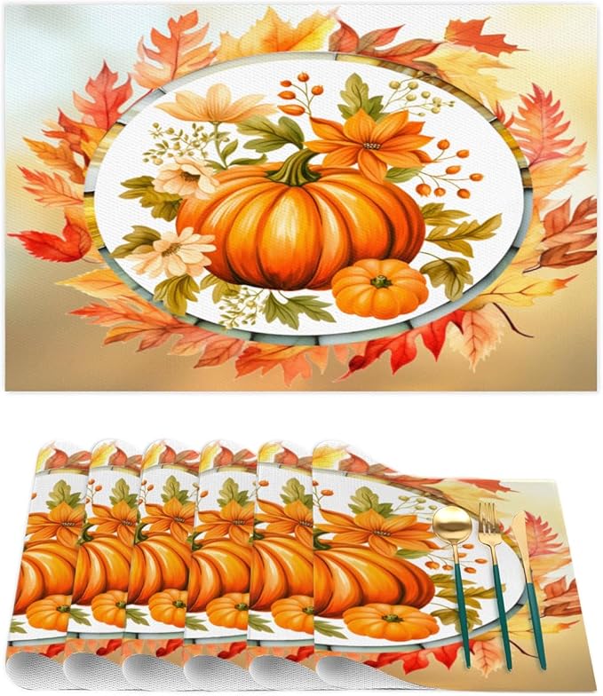 Fall Autumn Flower Pumpkin Placemats Set of 1 PVC Vinyl Non Slip Table Mats Heat Resistant Place Mats Washable Wipeable Dining Table Mat for Kitchen Decor Party Indoor Outdoor Decorative Gift