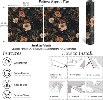 VEELIKE Retro Dark Floral Peel and Stick Wallpaper Vintage Floral Wallpaper for Bedroom Bathroom 17.7''x118'' Moody Flower Wallpapers Self Adhesive Removable Botanical Contact Paper for Cabinets Walls