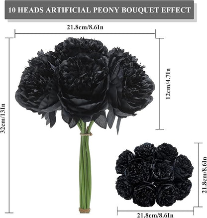 U'Artlines 10 Heads Artificial Peony Silk Flower Leaf Home Office Wedding Party Festival Bar Decor (Black)