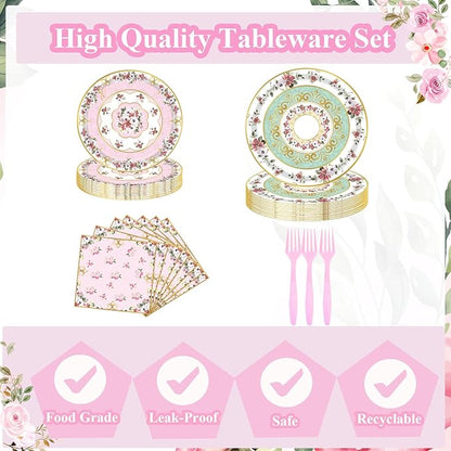 96pcs Floral Party Supplies Flower Paper Plates and Napkins Tableware Set for 24 Guest Floral Party Disposable Paper Dinner Plates Napkins Forks for Birthday Bridal Shower Tea Party Supplies
