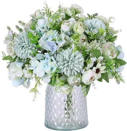 Nubry 3pcs Artificial Flowers Bouquet Fake Peony Silk Hydrangea Faux Roses Wildflowers Arrangements with Stems for Wedding Home Centerpieces DIY Decor (Light Green)