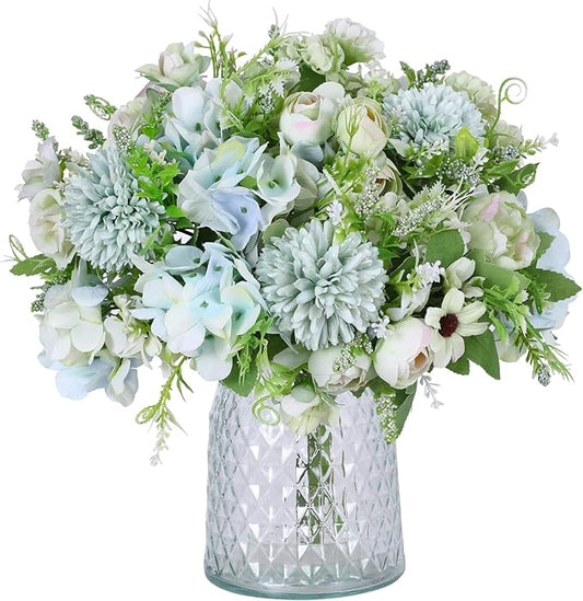 Nubry 3pcs Artificial Flowers Bouquet Fake Peony Silk Hydrangea Faux Roses Wildflowers Arrangements with Stems for Wedding Home Centerpieces DIY Decor (Light Green)