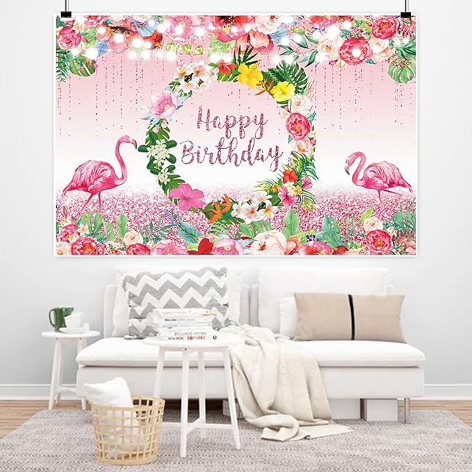 Renaiss 9x7ft Happy Birthday Backdrop Pink Flamingo Tropical Leaves Flower Hoop Winkle Hawaiian Photography Background Luau Aloha Party Decor Girls Birthday Photo Props Dessert Gift Table Banner
