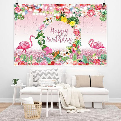 Renaiss 10x6.5ft Pink Flamingo Happy Birthday Backdrop Tropical Leaves Floral Hoop Winkle Hawaiian Photography Background Luau Aloha Party Decor Girls Birthday Photo Props Dessert Gift Table Banner