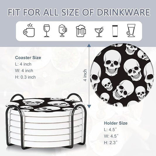 Coaster for Drinks Set of 6, Skeleton Skull Absorbing Round Ceramic Stone Coaster with Cork Base,Tabletop Protection Mat for Mugs and Cups,Coffee Table Wine Glass Home Bar 4 Inch