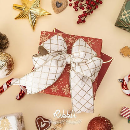 Ribbli White Velvet Ribbon Wired with Glitter Diamond Grid 2-1/2 Inch Christmas Ribbon for Christmas Tree Decoration Big Bow Gift Wrapping Crafts Wreaths Garland Supplies - 10 Yards