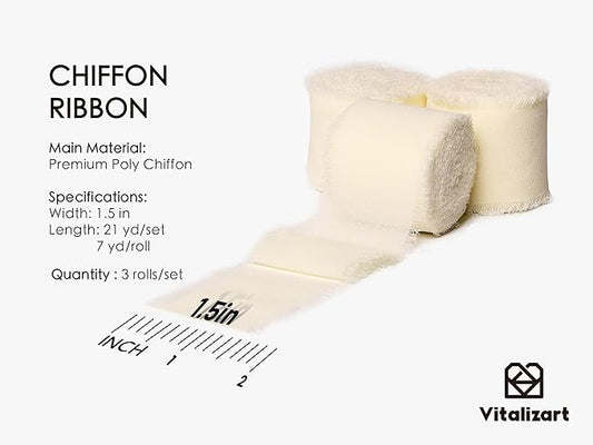 Vitalizart Cream White Handmade Chiffon Silk Ribbon Fringe 3 Rolls 1.5" x 21 Yd Ivory Frayed Edges Ribbons for Wedding Invitations Bridal Bouquets Gifts Wrapping Crafts Holiday Decor