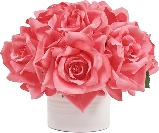 WELL KNOWN Artificial Flowers in Vase, Silk Rose Arrangement Mini Potted Realistic Fake Flowers with Ceramic Vase for Wedding Vanity Home Centerpiece Coffee Table Bathroom Anniversary Decor (Hot pink)