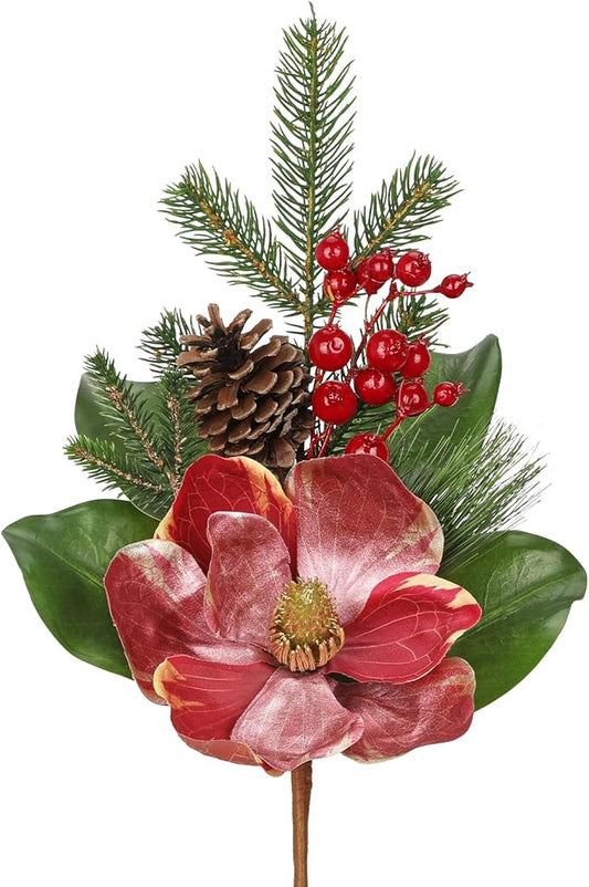Briful 2 Pack 18.9in Christmas Magnolia Flower Branches, Artificial Magnolia Floral Picks and Spray with Pinecones Berries for Xmas Tree Vase Arrangements Decor