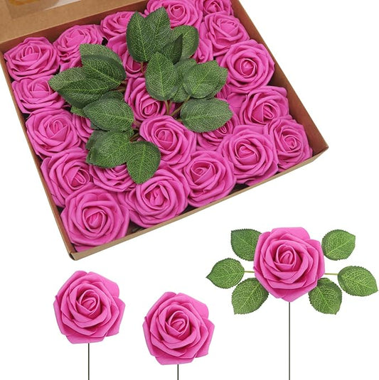 JOYLEX 50PCS Hot Pink Artificial Flowers Realistic Roses, Real Looking Fake Roses with Stem for DIY Wedding Bouquets Centerpieces Bridal Shower Party Home Romantic Decorations (Hot Pink, 50pcs)