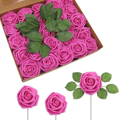 JOYLEX 100PCS Hot Pink Artificial Flowers Realistic Roses, Real Looking Fake Roses with Stem for DIY Wedding Bouquets Centerpieces Bridal Shower Party Home Romantic Decorations (Hot Pink, 100pcs)